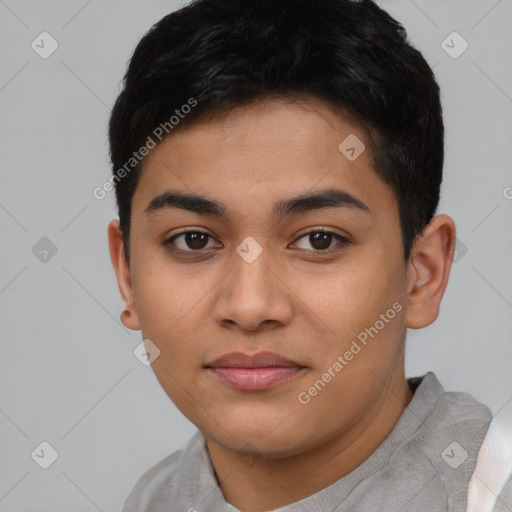 Joyful asian young-adult female with short  black hair and brown eyes