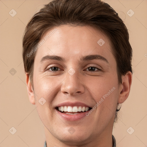 Joyful white young-adult female with short  brown hair and brown eyes