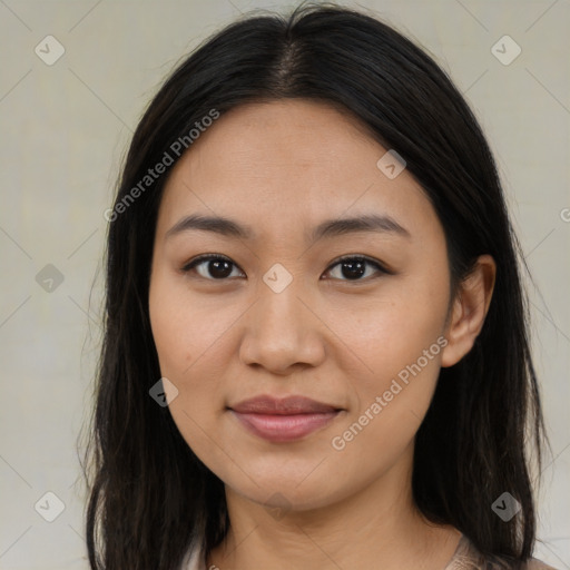 Joyful asian young-adult female with medium  brown hair and brown eyes