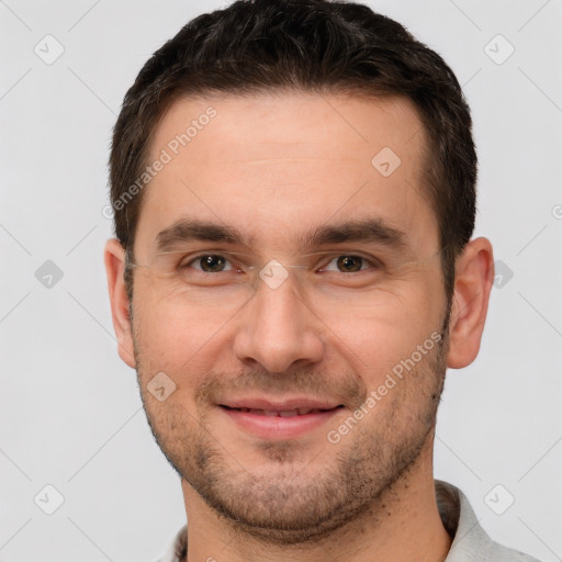 Joyful white young-adult male with short  brown hair and brown eyes