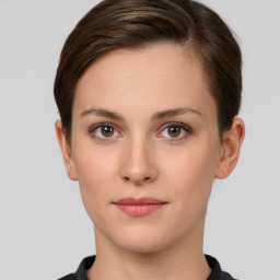 Neutral white young-adult female with short  brown hair and brown eyes