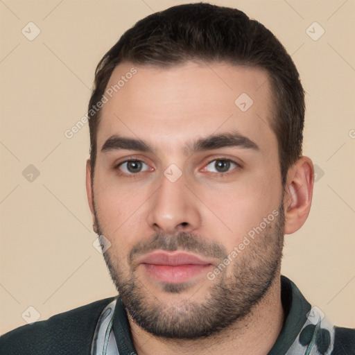 Neutral white young-adult male with short  brown hair and brown eyes