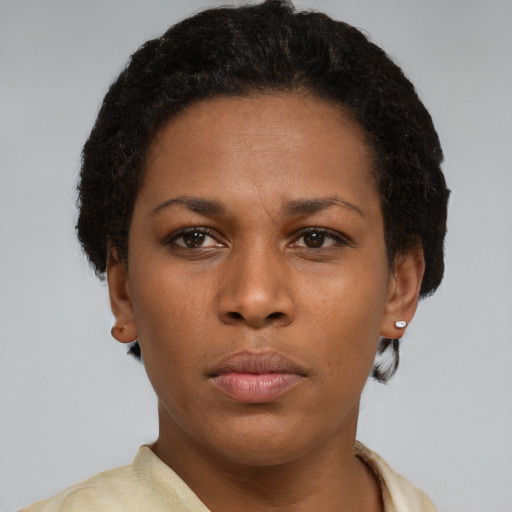 Neutral latino young-adult female with short  brown hair and brown eyes