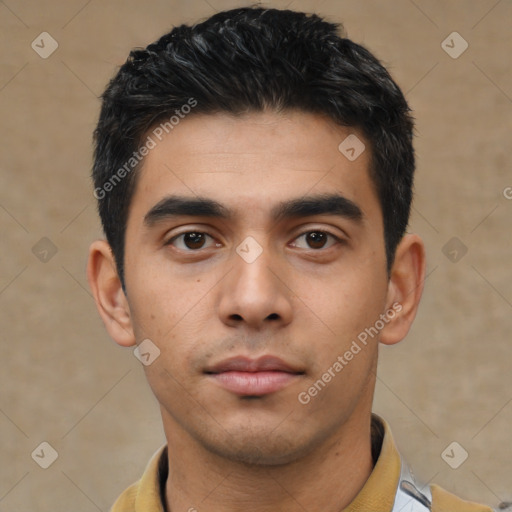 Neutral asian young-adult male with short  black hair and brown eyes