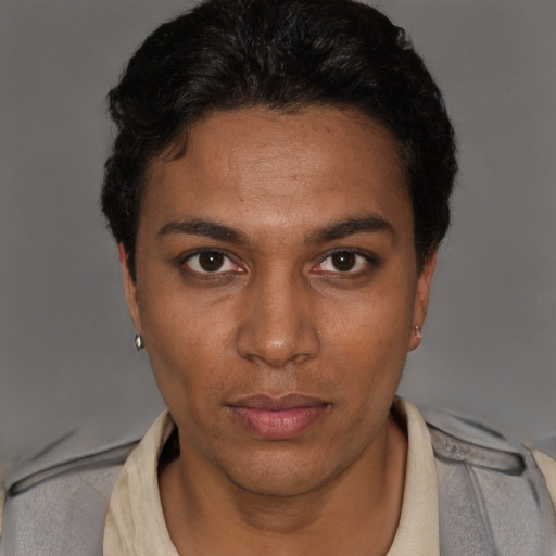 Neutral white adult female with short  black hair and brown eyes