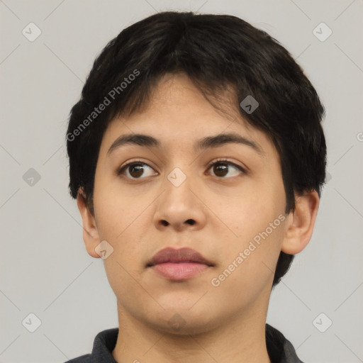 Neutral asian young-adult female with short  black hair and brown eyes