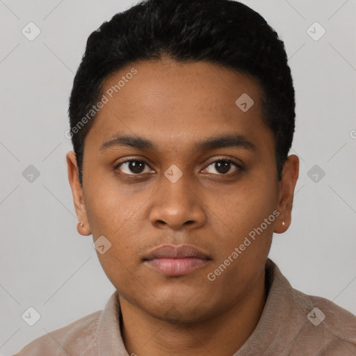 Neutral latino young-adult male with short  black hair and brown eyes