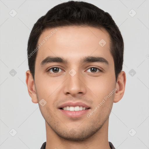 Joyful white young-adult male with short  brown hair and brown eyes