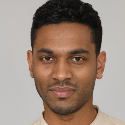 Neutral black young-adult male with short  black hair and brown eyes
