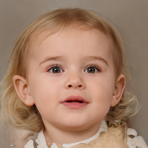 Neutral white child female with medium  brown hair and blue eyes