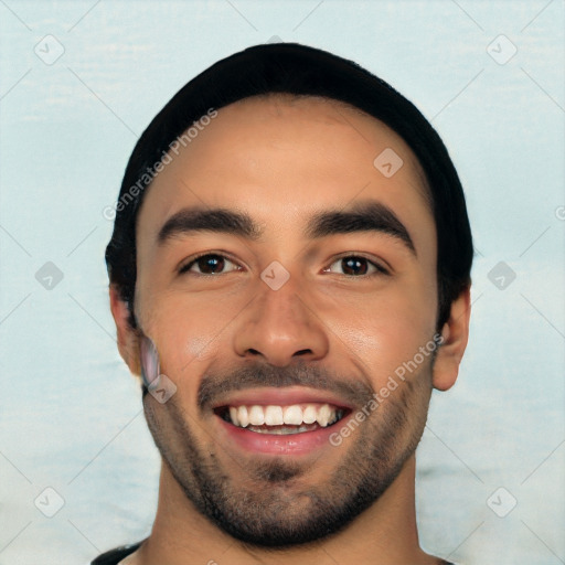 Joyful white young-adult male with short  black hair and brown eyes