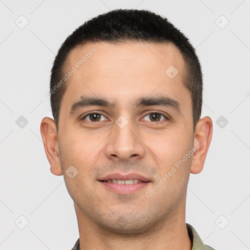 Joyful white young-adult male with short  brown hair and brown eyes