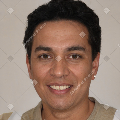 Joyful white adult male with short  black hair and brown eyes