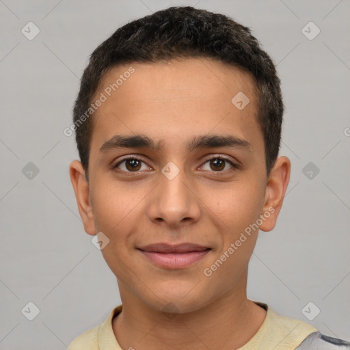 Joyful latino young-adult male with short  brown hair and brown eyes