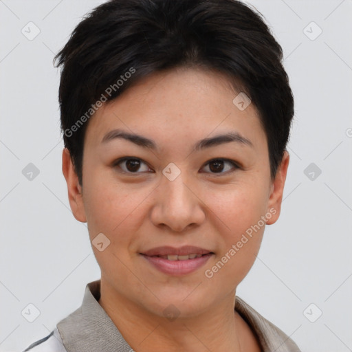 Joyful asian young-adult female with short  brown hair and brown eyes