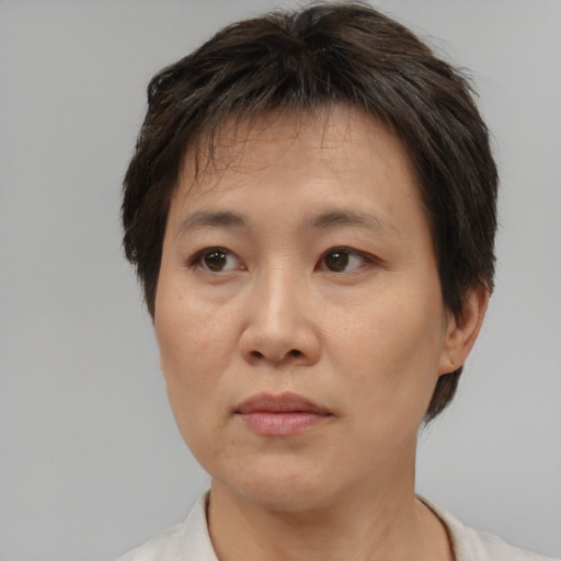 Neutral asian adult female with short  brown hair and brown eyes