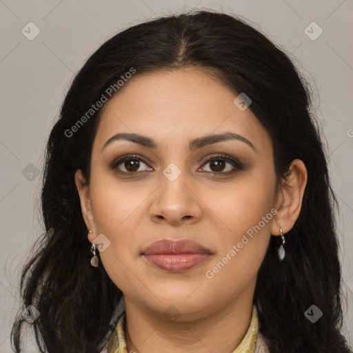 Joyful latino young-adult female with long  brown hair and brown eyes