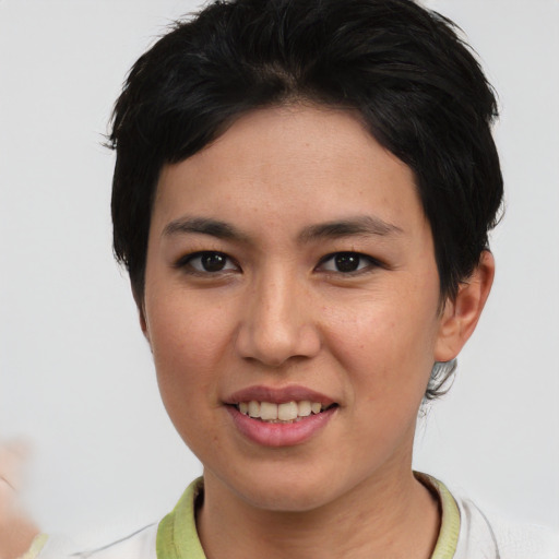 Joyful asian young-adult female with short  brown hair and brown eyes