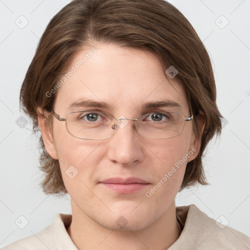 Joyful white adult female with medium  brown hair and grey eyes