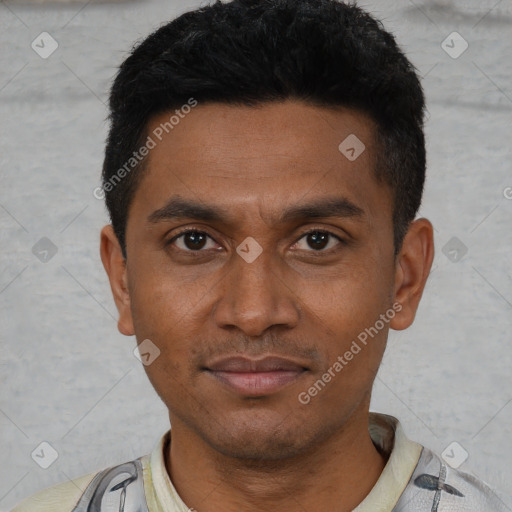 Neutral latino young-adult male with short  black hair and brown eyes