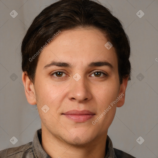 Joyful white young-adult female with short  brown hair and brown eyes