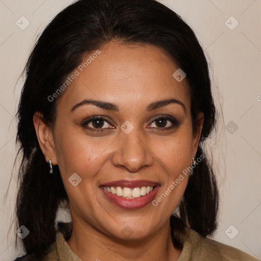 Joyful white adult female with medium  brown hair and brown eyes