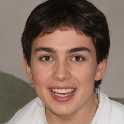 Joyful white young-adult male with medium  brown hair and brown eyes