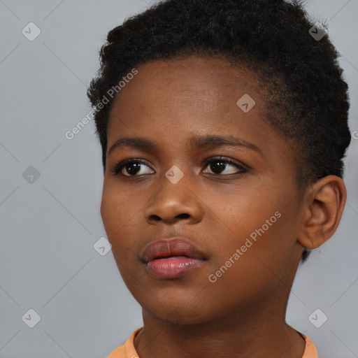 Neutral black young-adult female with short  brown hair and brown eyes