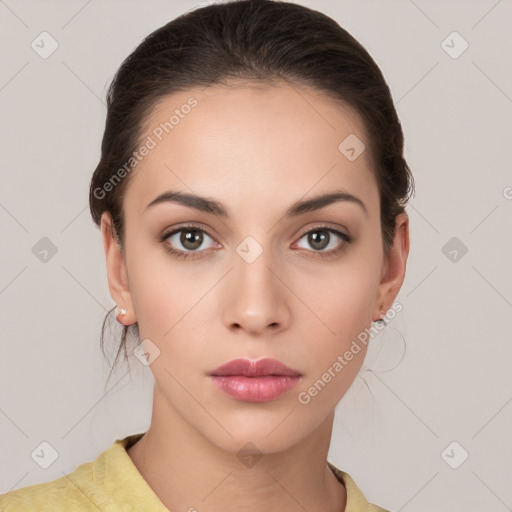 Neutral white young-adult female with medium  brown hair and brown eyes