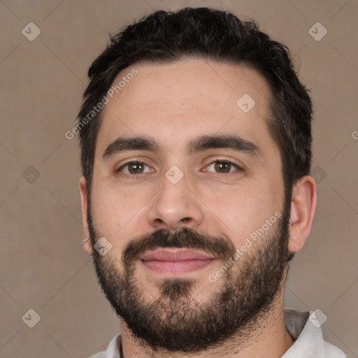 Neutral white young-adult male with short  black hair and brown eyes