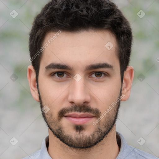 Neutral white young-adult male with short  black hair and brown eyes