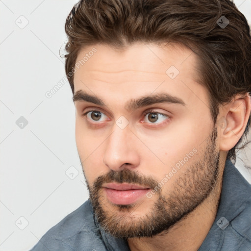 Neutral white young-adult male with short  brown hair and brown eyes