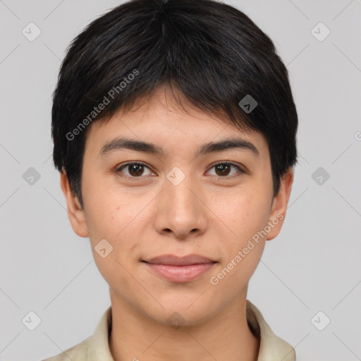 Joyful asian young-adult female with short  brown hair and brown eyes