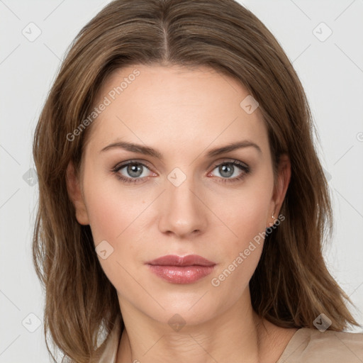 Neutral white young-adult female with long  brown hair and grey eyes