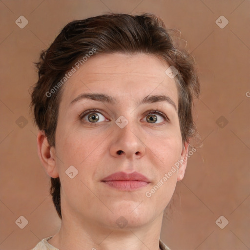 Neutral white adult female with medium  brown hair and grey eyes