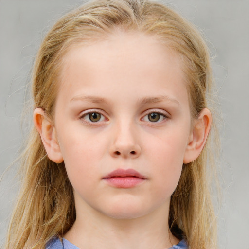 Neutral white child female with medium  brown hair and blue eyes