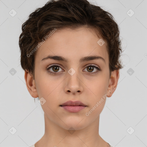 Neutral white young-adult female with short  brown hair and brown eyes