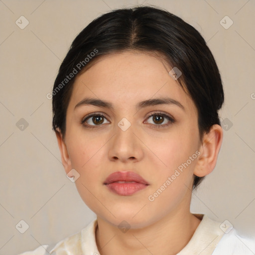 Neutral white young-adult female with medium  brown hair and brown eyes