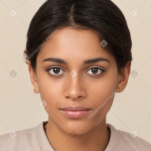 Neutral latino young-adult female with short  brown hair and brown eyes