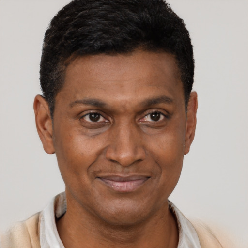 Joyful black adult male with short  black hair and brown eyes