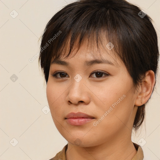 Neutral asian young-adult female with medium  brown hair and brown eyes