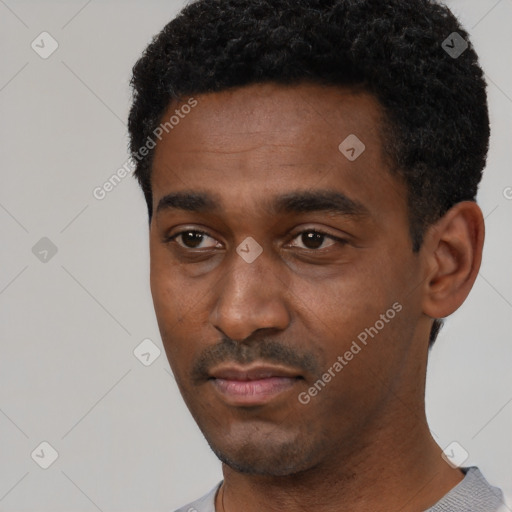 Neutral black young-adult male with short  black hair and brown eyes