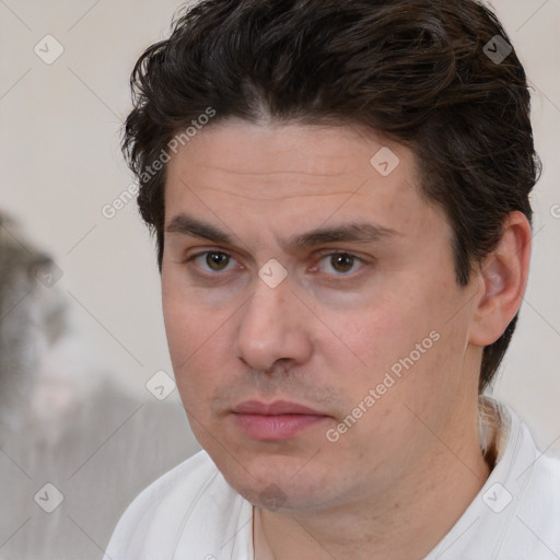 Neutral white young-adult male with short  brown hair and brown eyes