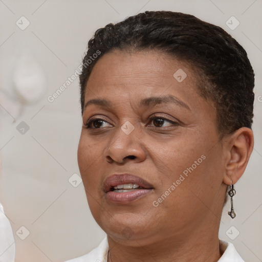 Joyful white adult female with short  brown hair and brown eyes