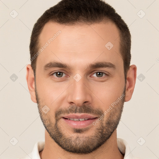 Joyful white young-adult male with short  brown hair and brown eyes