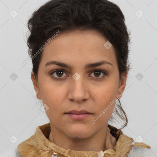 Neutral white young-adult female with short  brown hair and brown eyes