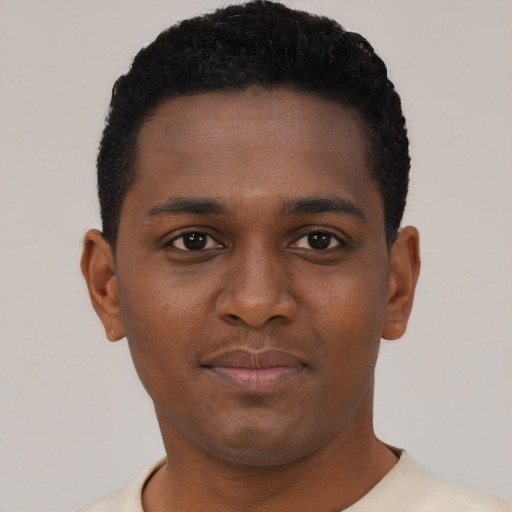 Neutral black young-adult male with short  black hair and brown eyes
