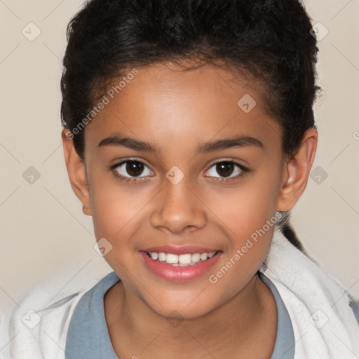 Joyful white child female with short  brown hair and brown eyes