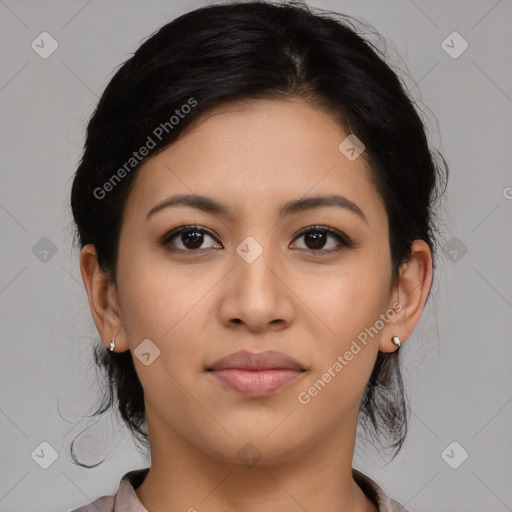 Joyful latino young-adult female with medium  black hair and brown eyes