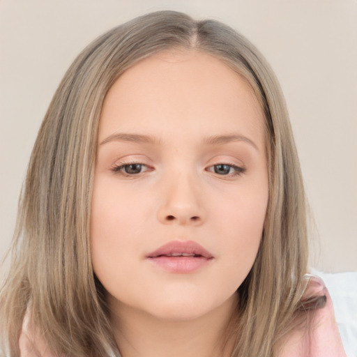 Neutral white young-adult female with long  brown hair and grey eyes